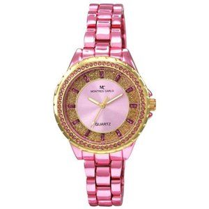 38mm Montres Carlo Women Fashion Luxury Ladies Stones Quartz Pink Dress Watch
